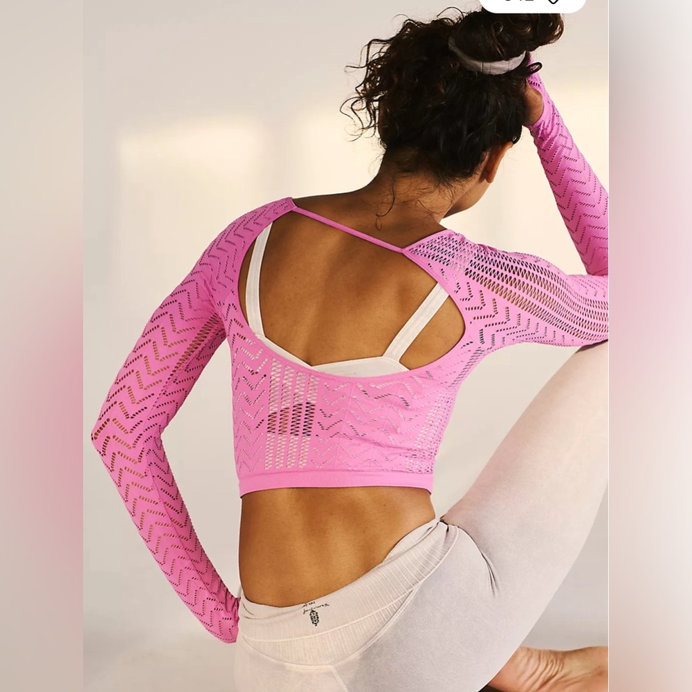 Free People Pink Openwork Long Sleeve Crop Top